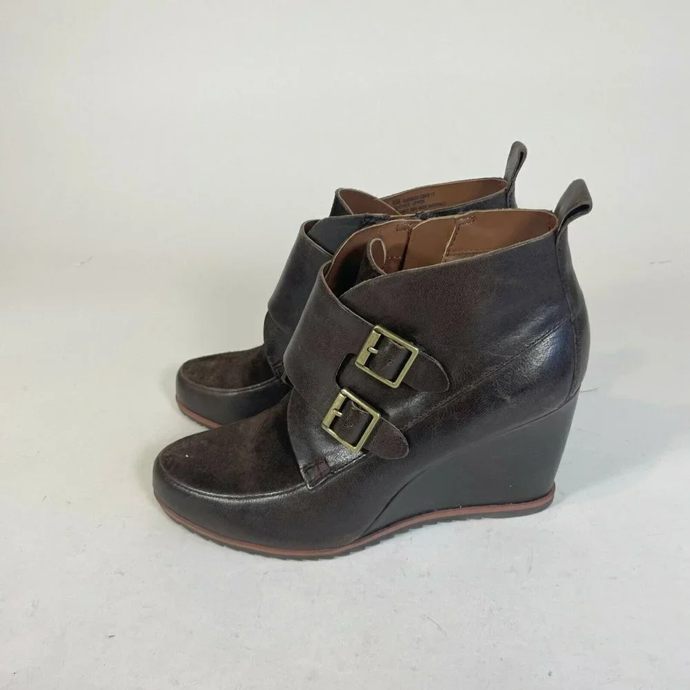 Korks‎ Womens Hanska Wedge Ankle Boots Dark Brown Size 8M Leather Monk Strap